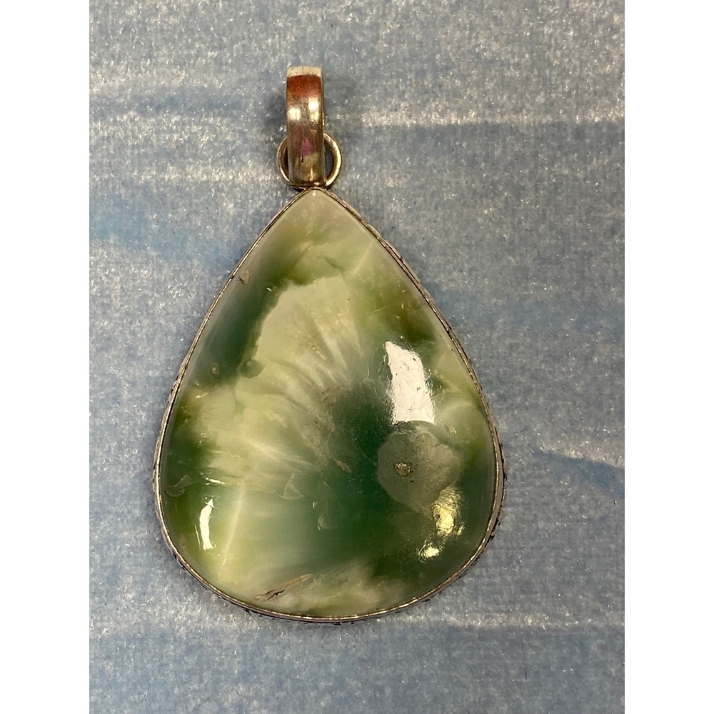 Green Larimar Pectolite Teardrop Pendant Silver Plated Natural Stone Boho Chic
